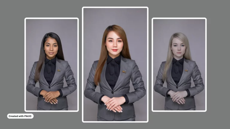 Tre donne con lo stesso vestito, accatastate una accanto all'altra, con identità diverse e di diverse etnie, create con PiktID