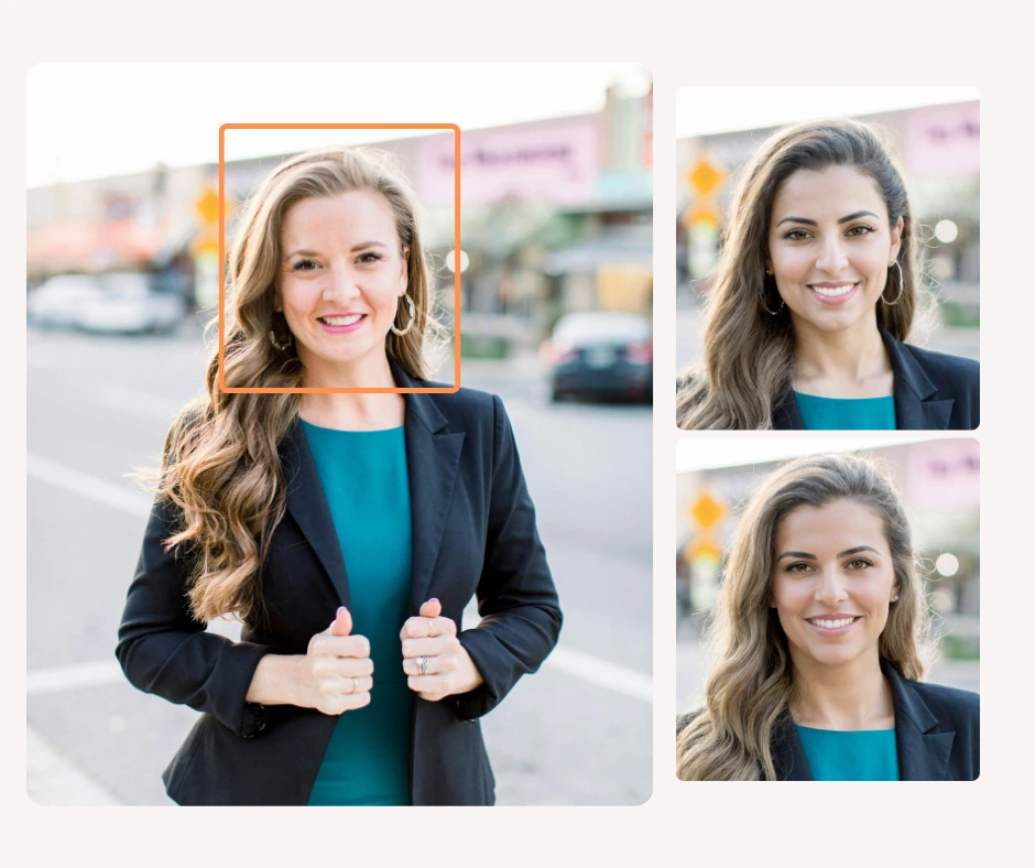 Una imagen grande de una joven rubia con un blazer azul y una blusa verde azulado, junto a ella hay dos imágenes a la derecha con diferentes identidades.