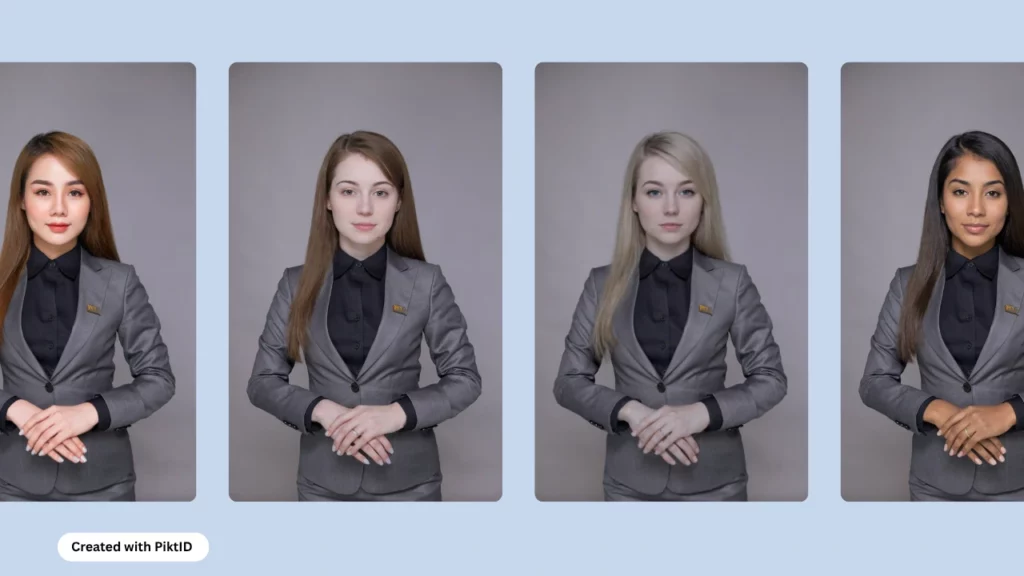 Cuatro imágenes una al lado de la otra de una mujer con el mismo traje gris y camisa negra con múltiples etnias mediante el uso de cómo crear un influencer de IA