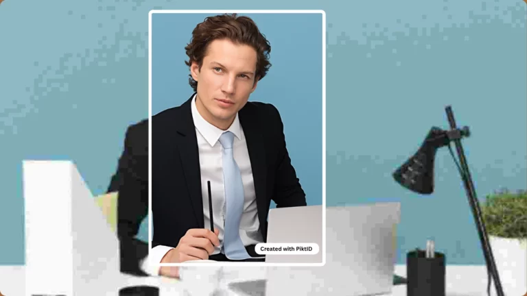 Utilisation d'un outil d'amélioration de photo en ligne d'un homme en costume noir et cravate bleue assis à un bureau