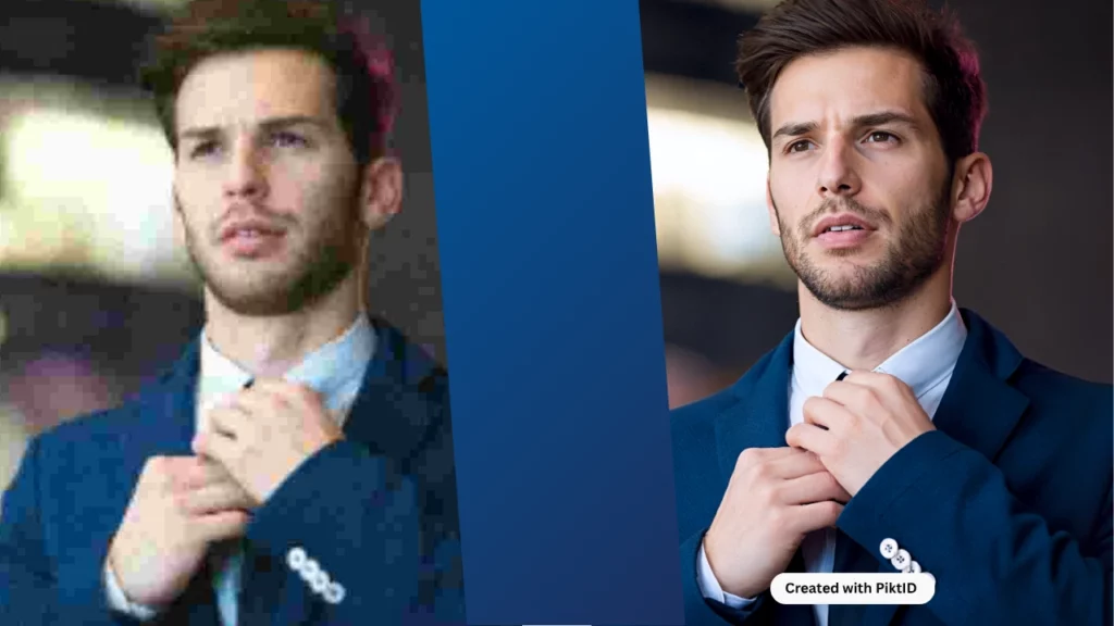 Utilisation d'un outil d'amélioration de photo en ligne sur l'image d'un jeune homme ajustant la cravate de son costume bleu marine