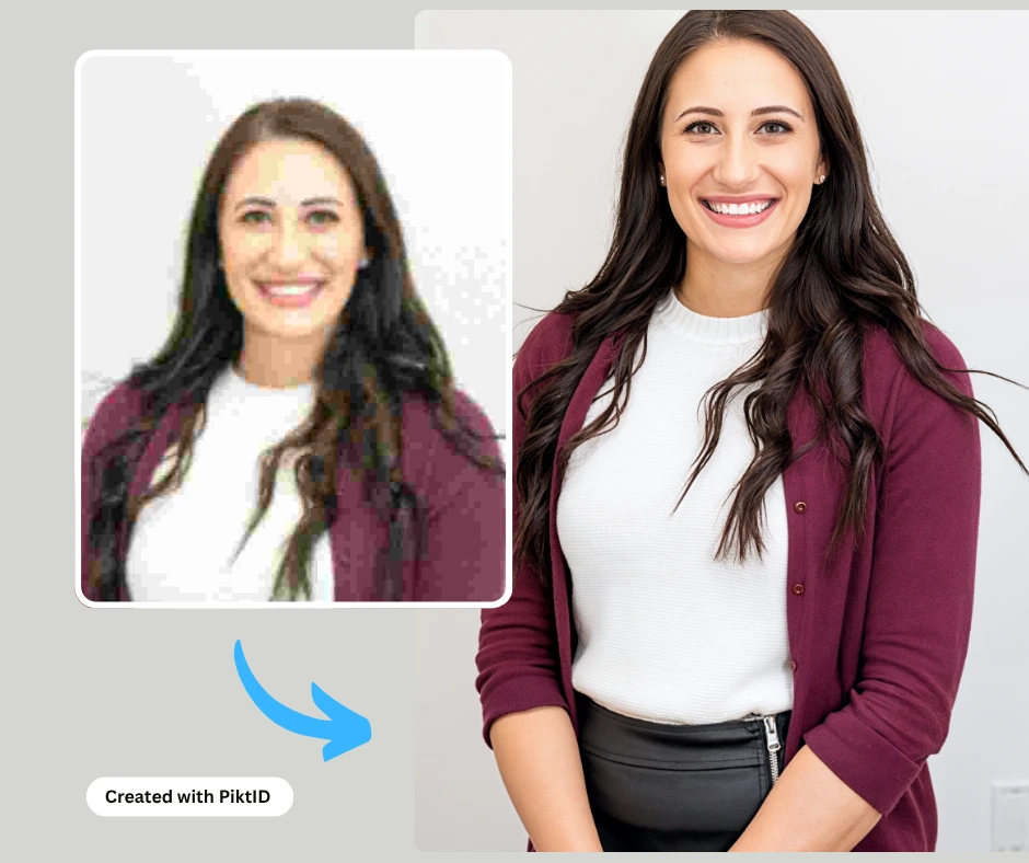 Création d'une image améliorée d'une femme portant un haut blanc et une veste marron à l'aide d'un outil d'amélioration de photos en ligne