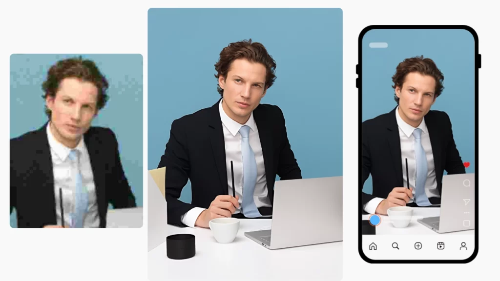 trois images empilées les unes à côté des autres passant d'une image floue d'un homme en costume noir et cravate bleu clair à un cadeau d'un téléphone et de médias sociaux où l'on peut voir une image améliorée du même homme