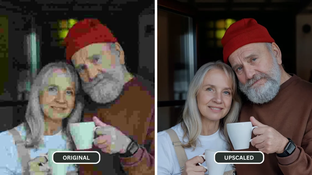 Foto di una coppia di anziani che tengono in mano una tazza. Immagine comparativa prima e dopo l'utilizzo di Upscale di PiktID
