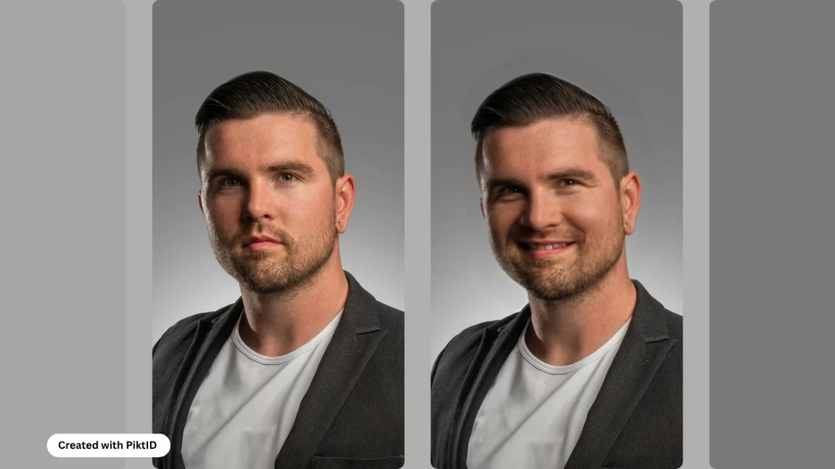 Usando la aplicación Smiley Face en una imagen de un hombre con camiseta blanca y chaqueta gris