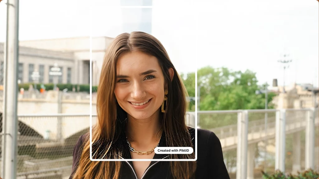 Aplicación Smiley Face PiktID utilizada en una imagen de una niña sonriendo con un traje negro y aretes y cadena dorados.