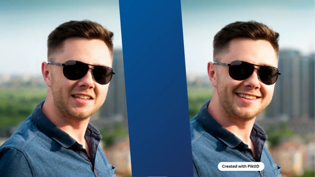 Dos imágenes de un hombre con gafas de sol negras y polo azul sonriendo después de usar PiktID para cambiar expresiones.