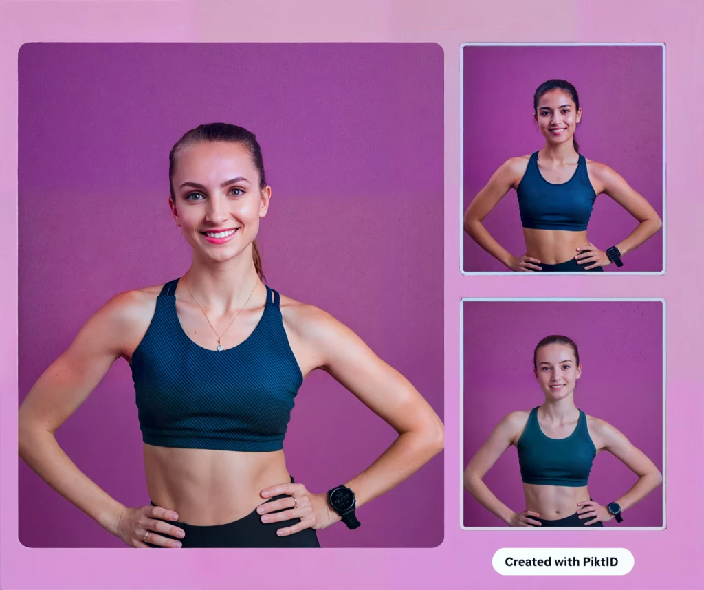 Bild eines jungen Mädchens in blauem Sportoutfit und Armbanduhr, während zwei identische Bilder von Frauen unterschiedlicher ethnischer Zugehörigkeit mithilfe von KI erstellt werden