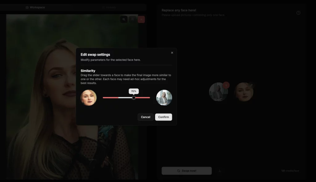 Configuración de edición de SwapID para configurar la similitud del intercambio de caras