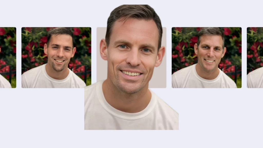 Immagine in rilievo di un giovane uomo con maglietta bianca e occhi azzurri che scambia il volto con quello di altri uomini