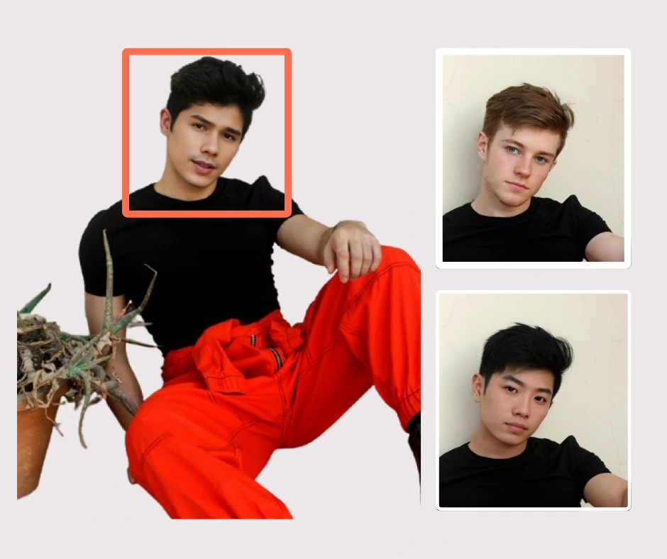 Una imagen ampliada de un hombre con un traje negro y naranja y junto a ella dos imágenes de caras intercambiadas por la función Insertar cara de diferentes hombres dispuestos en formato vertical mientras tienen un fondo rosa claro