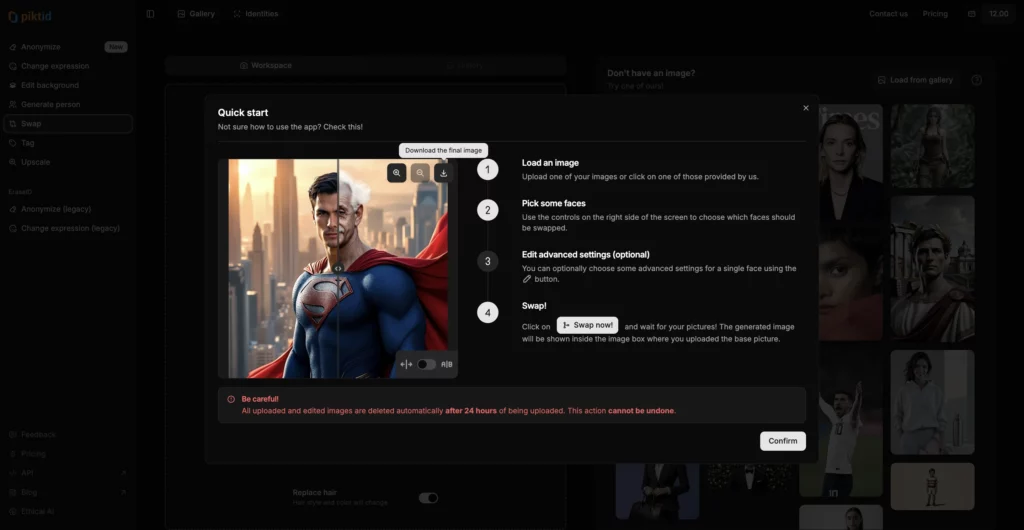 Función Insertar Cara, también llamada función Intercambiar por PiktID, captura de pantalla de una guía de inicio rápido para usar la función Intercambiar ofrecida por PiktID