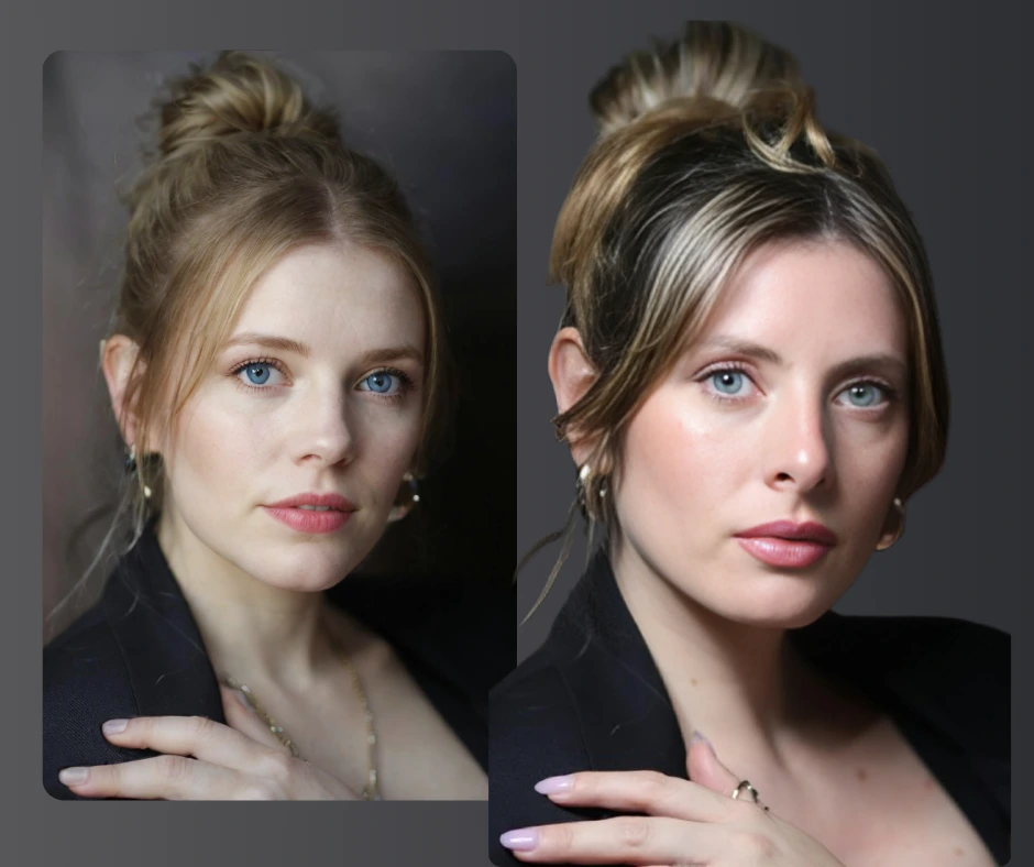 Comparación de dos fotos de retrato de una mujer con un moño, top negro y pendientes. La imagen de la izquierda tiene el pelo más claro, mientras que la de la derecha, más oscuro. El fondo es gris sólido, creado con PiktID.