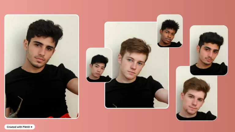 Eine Collage aus sechs Porträtfotos junger Männer mit unterschiedlichen Frisuren und Hauttönen, alle in schwarzen Hemden. Der Hintergrund ist einfarbig rosa, und die Bilder sind überlappend angeordnet. Eine Person links hält eine Pflanze in roter Hose. Erstellt mit PiktID.