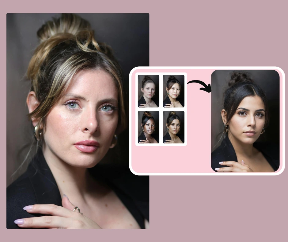 Comparación de dos retratos de una mujer con un moño, top negro y pendientes. La imagen de la izquierda tiene el pelo más claro, mientras que la de la derecha, más oscuro. El fondo es de un rosa sólido, con un recuadro más pequeño de cuatro retratos similares, creados con PiktID.