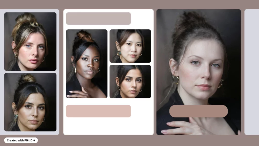 Usando la función Insertar cara de PiktID, en el retrato de una mujer con moño y traje negro. La imagen tiene un fondo marrón descolorido.