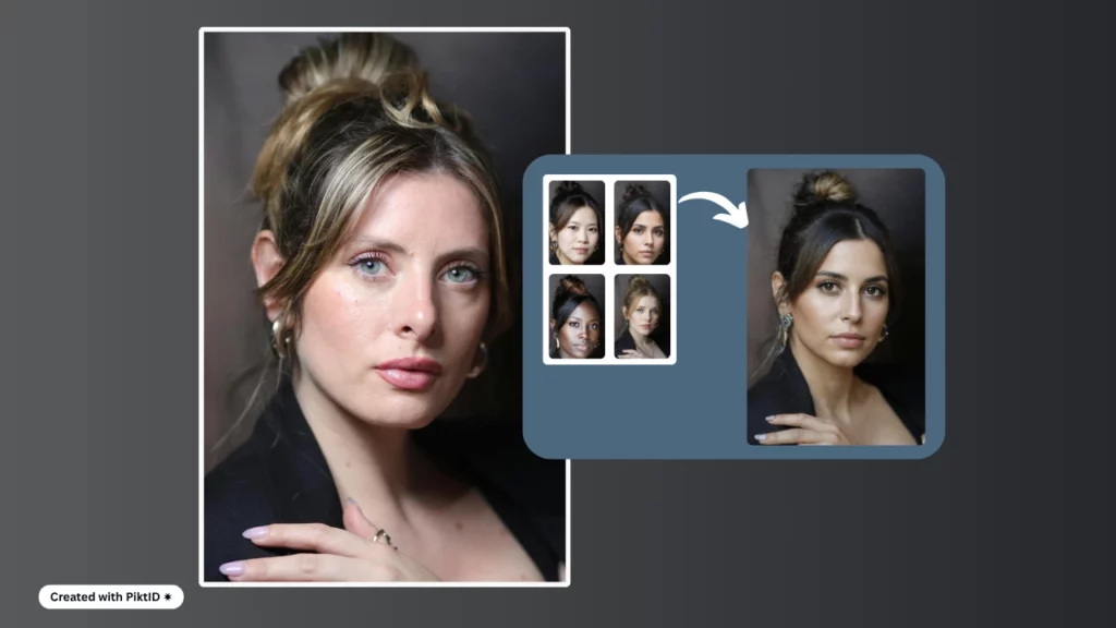 Una foto de retrato de una joven con una elegante cola de caballo, con un blazer negro y un delicado collar. El fondo es gris neutro, lo que le da un aire profesional. Fue creada con PiktID. Insertar rostro.