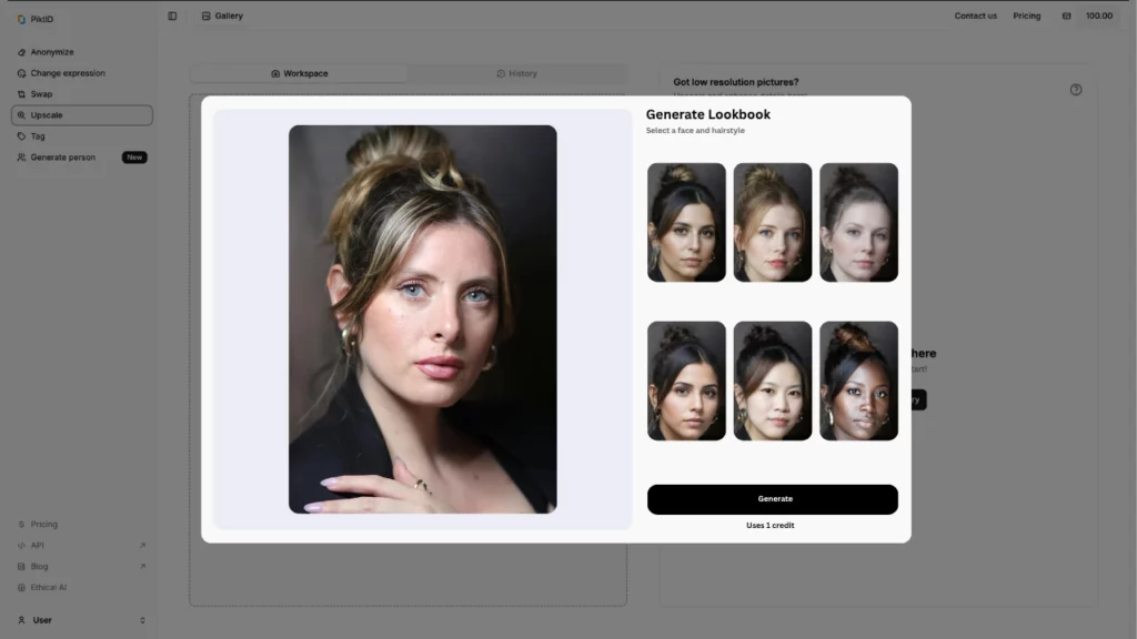 Captura de pantalla del estudio PiktID que muestra a una mujer rubia junto a un collage de caras intercambiadas usando la función Insertar cara