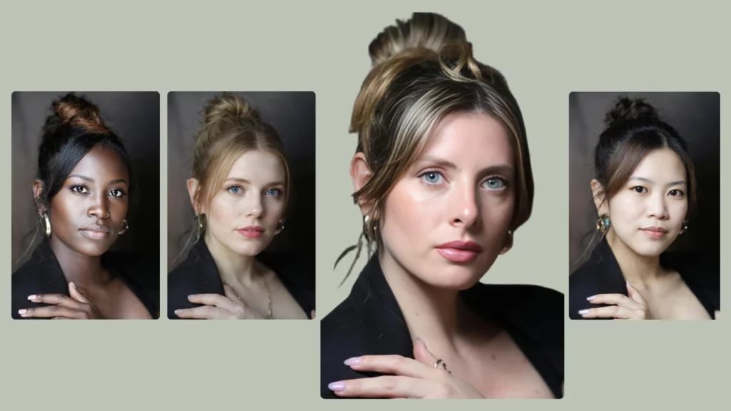 Un collage de tres retratos de mujeres jóvenes con diversos peinados y tonos de piel, todas vestidas de negro. El fondo es verde claro, con imágenes dispuestas en un triángulo, creado con PiktID.