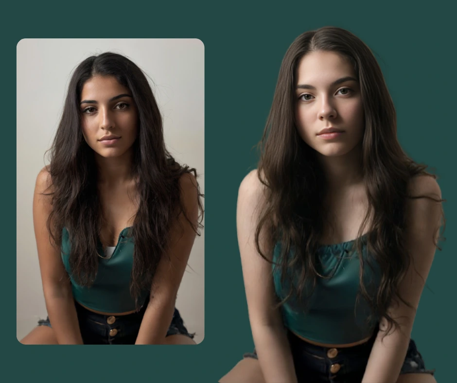 Two side by side images of a girl in green top and black shorts sitting