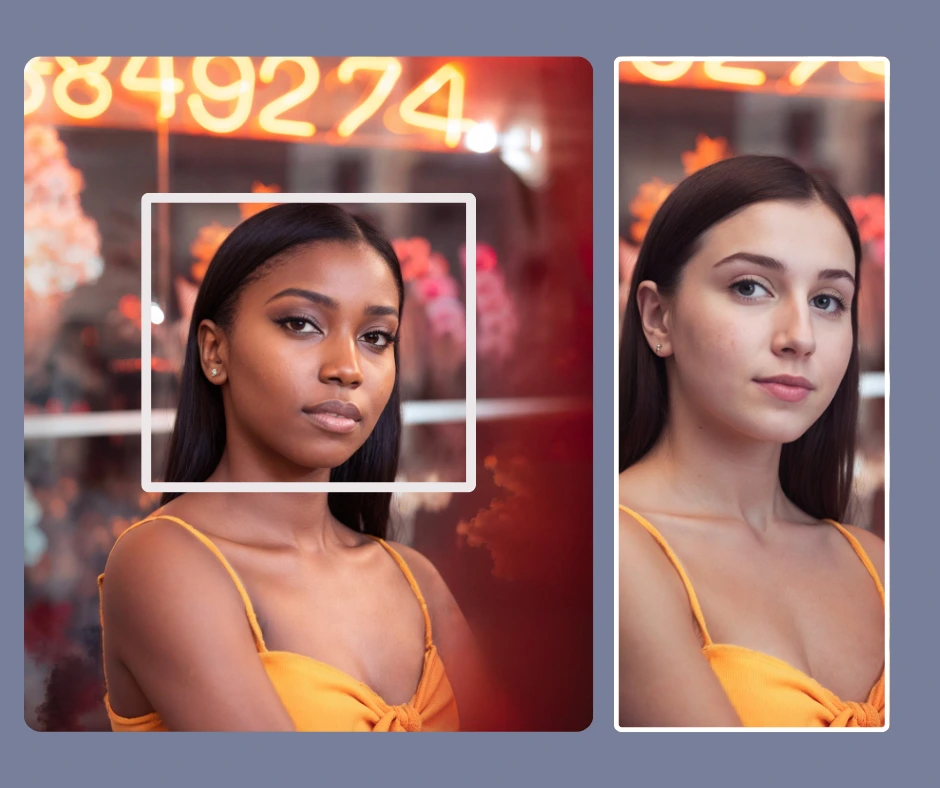Scaled up image of a black woman on the left in an orange dress and on the right a focused image on a white girl in the same orange dress