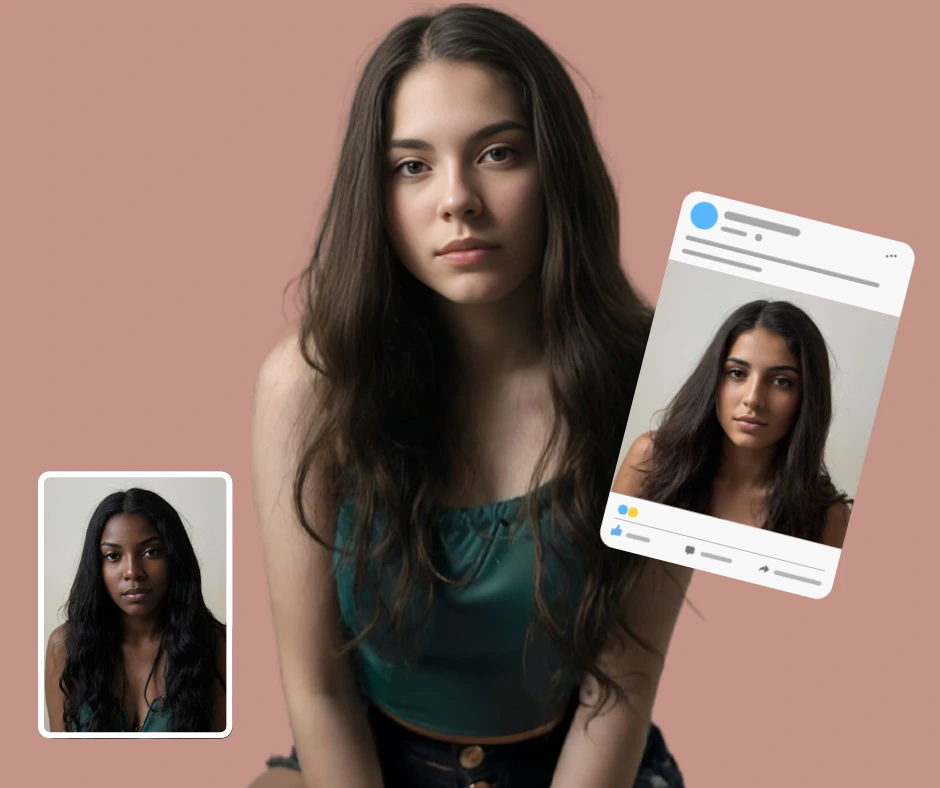 Three side by side images setup as using a social media preset of a girl in green crop top and long hazelnut hair
