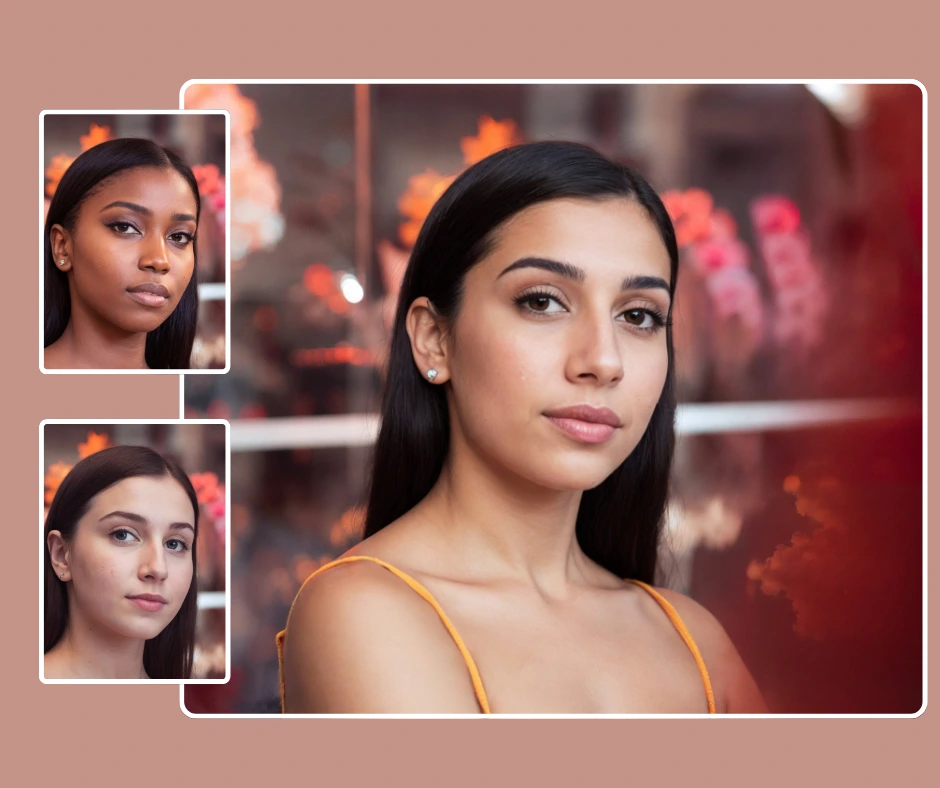 Two headshot images on the left of a black and a white girl on the left and in the center a scaled up image of a middle east girl in an orange dress