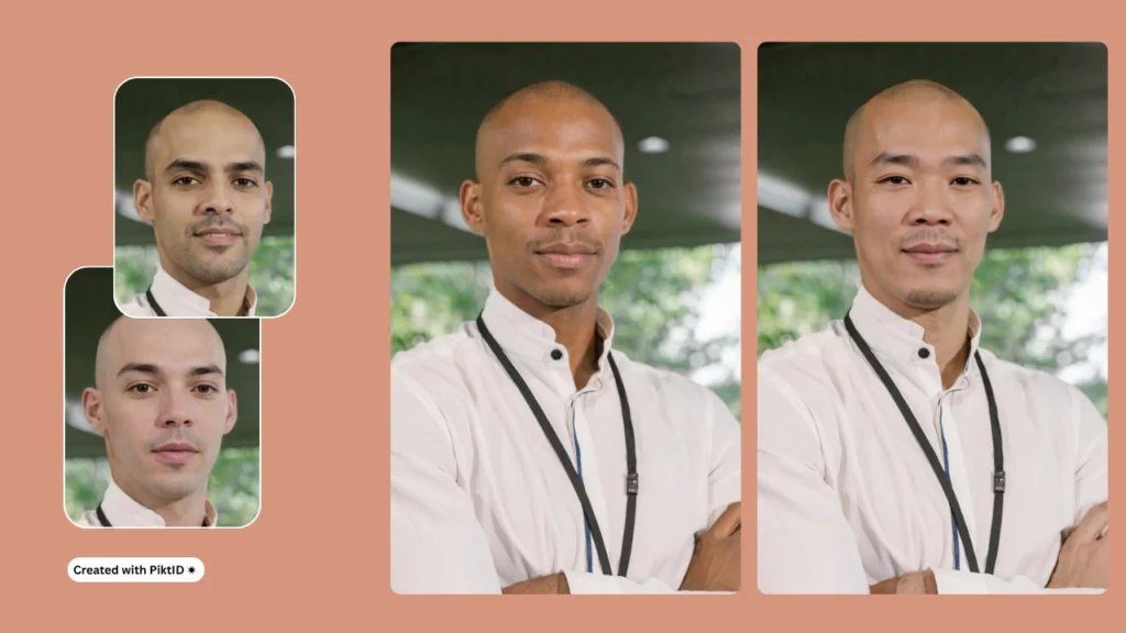 Two head shot images on the left of a bald man from different origins and on the center and right a side by side comparison images of a Black and Chinese man created using PiktID