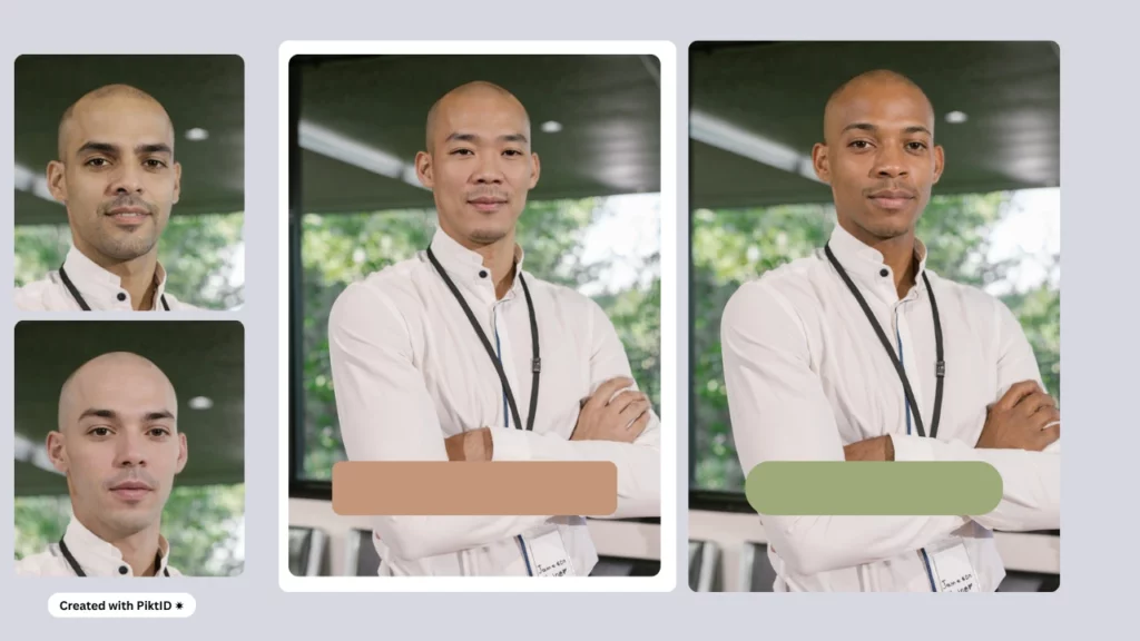 Two head shot faces created using PiktID on the left and in the center a man in white shirt from asian origin and next to it on the right the same man from African origin
