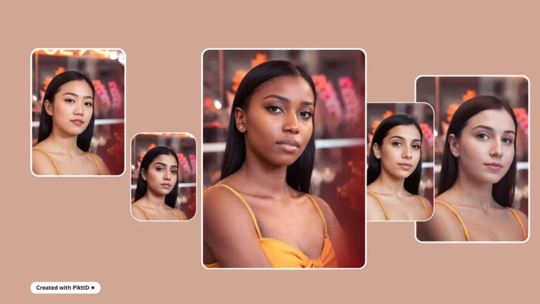 Five head shot images of a woman in orange dress from different origins created using AI human generator by PiktID