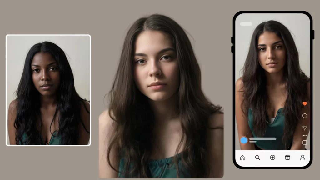 On the left a young girl with long hair next to it in the center the same girl from European origin with long hazelnut hair and on the right in a social media preset of the same girl from the middle east origin