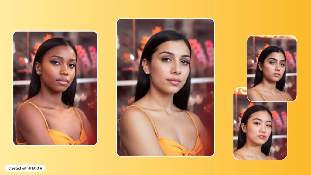 Gradient orange and yellow background with four images of young girl from different ethnicities created using PiktID for an AI human generator