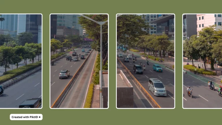 Four images next to each other of a city's roadway where vehicles are passing by and on the footpaths we can see trees planted in alignment
