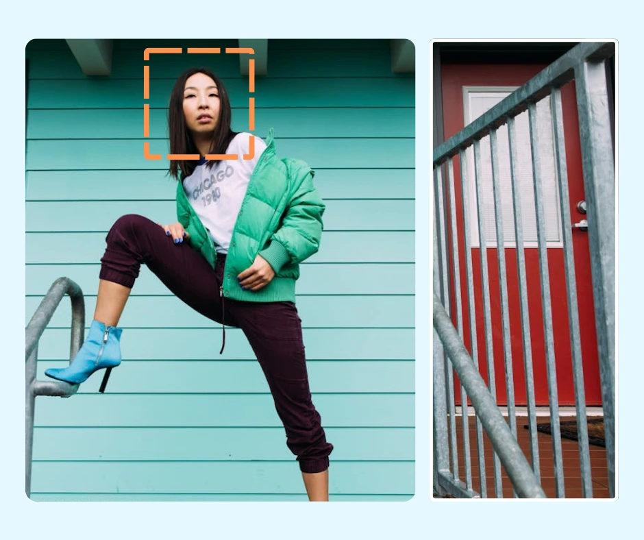 Giovane donna asiatica con giacca verde e stivali blu accanto a una porta rossa