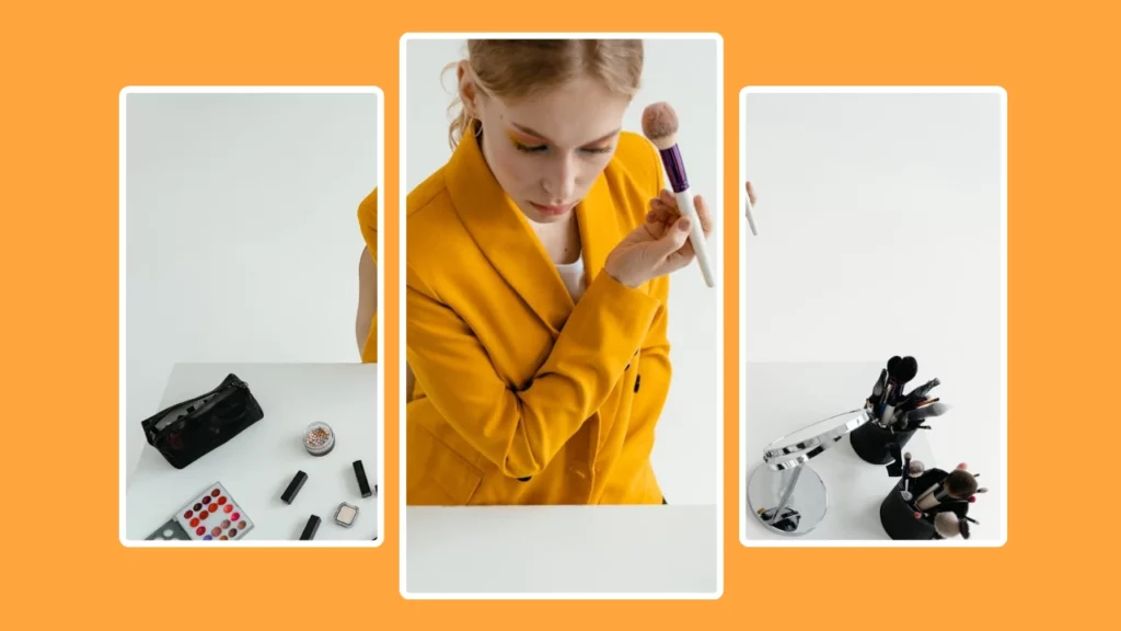 Utilizzo di un estensore di immagini AI su una foto di una giovane donna in abito giallo che si trucca