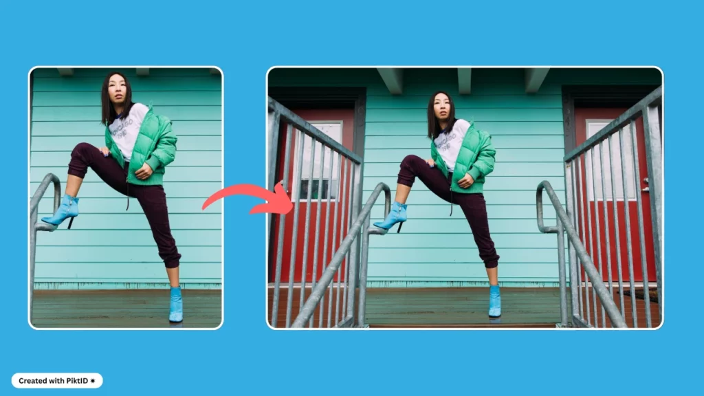 Immagine ravvicinata di una giovane donna asiatica sulla sinistra, espansa con uno sfondo aggiunto creato utilizzando l'intelligenza artificiale di PiktID come estensore di immagini AI.