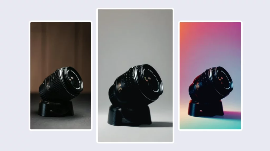 Comparación de tres imágenes, una al lado de la otra, de una lente de cámara con diferentes fondos creados mediante un generador de fondos de productos de IA