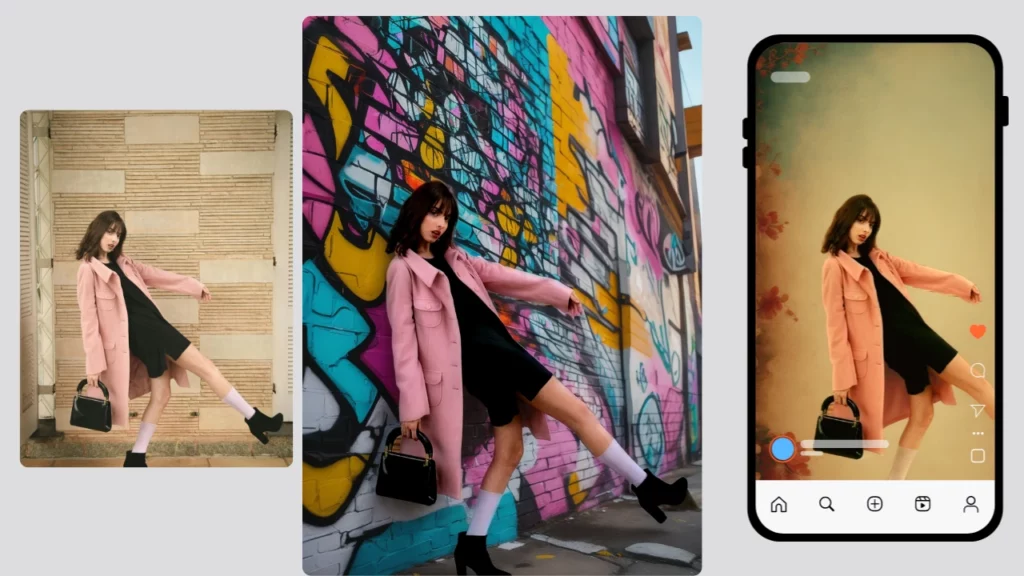 Mujer de moda con un abrigo rosa y un vestido negro en diferentes poses contra paredes de grafitis y una interfaz móvil estilizada de Instagram: ilustra fondos mejorados con IA para contenido de redes sociales creados con el generador de fondos de productos de IA de PiktID