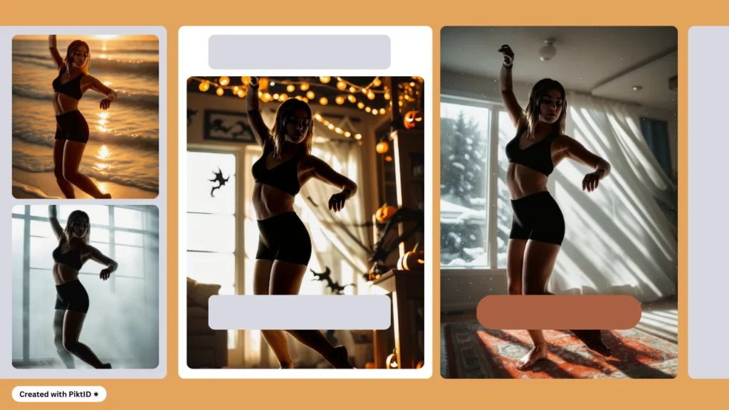 Cuatro imágenes creadas de una chica rubia en ropa deportiva haciendo yoga en diferentes entornos, tanto interiores como exteriores.