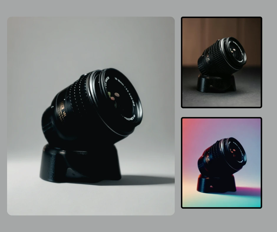 Imagen ampliada de una lente de cámara con un fondo sólido a la izquierda y a la derecha dos imágenes de la misma lente con un fondo de madera interior y un fondo degradado.