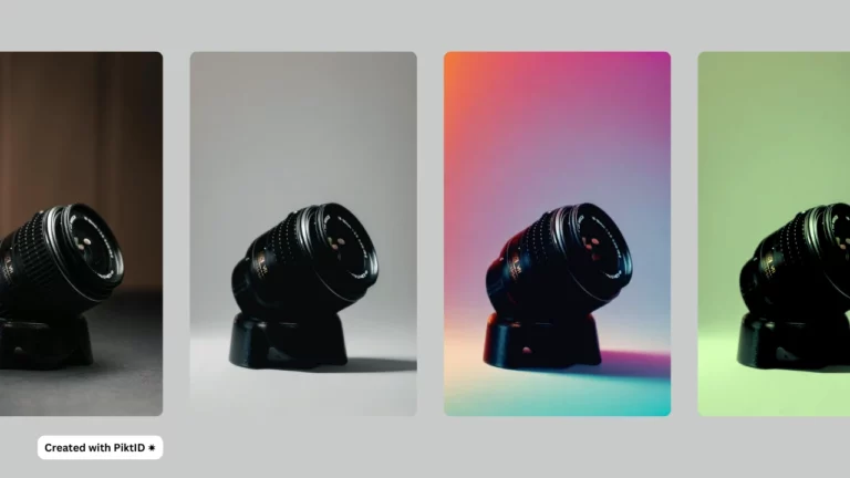 Camera lens showcased against four different AI product background generator — natural lighting, soft grey, vibrant gradient, and green hue — demonstrating automated product photography using AI background tools.