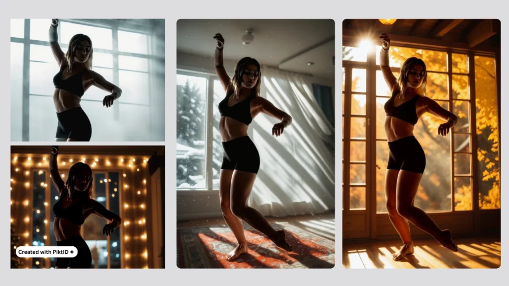 Una joven con un atuendo deportivo negro realiza posturas de yoga en cuatro entornos interiores diferentes generados por IA (incluido un fondo nevado, una luz dorada de otoño, un foco dramático con luces de hadas y una escena matutina serena), creados con la herramienta de generación de fondos de PiktID.