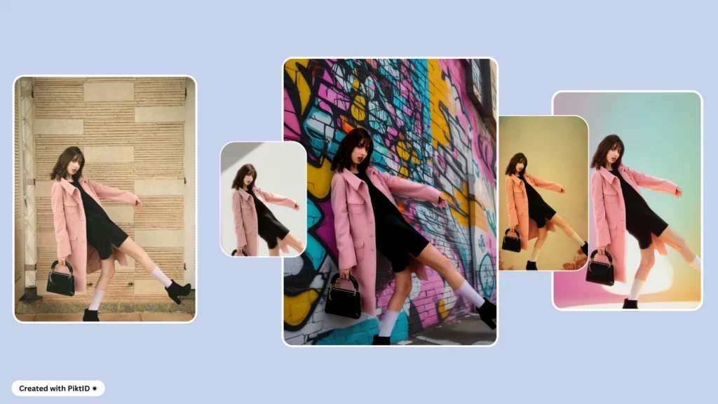 Una elegante mujer joven con una gabardina rosa y un vestido negro posando con un bolso negro frente a múltiples fondos generados por IA (incluidos grafitis urbanos, tonos pastel y paredes texturizadas), ideales para la marca de moda.