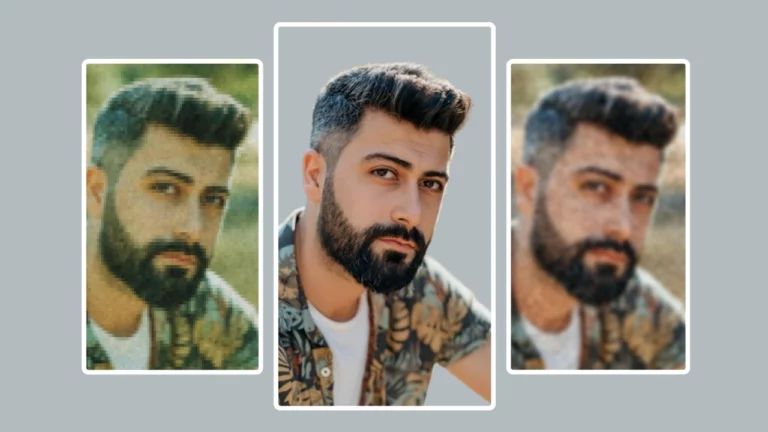 Using face enhance by PiktID on an image of a young man in floral shirt and white tee in the center and next to the image on the left and right two images of the same guy in blurry and distorted images