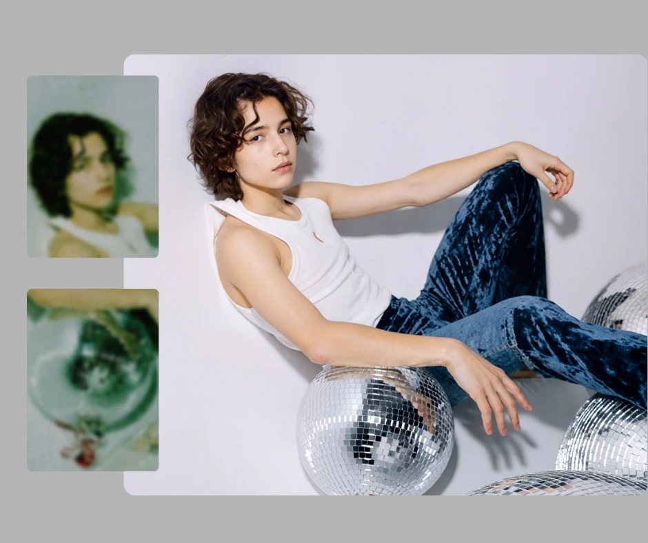 A sinistra due immagini di un ragazzino e di una palla da discoteca in qualità pallida e sfocata e a destra un'immagine ingrandita di un ragazzino con una canottiera bianca e pantaloni blu lucidi