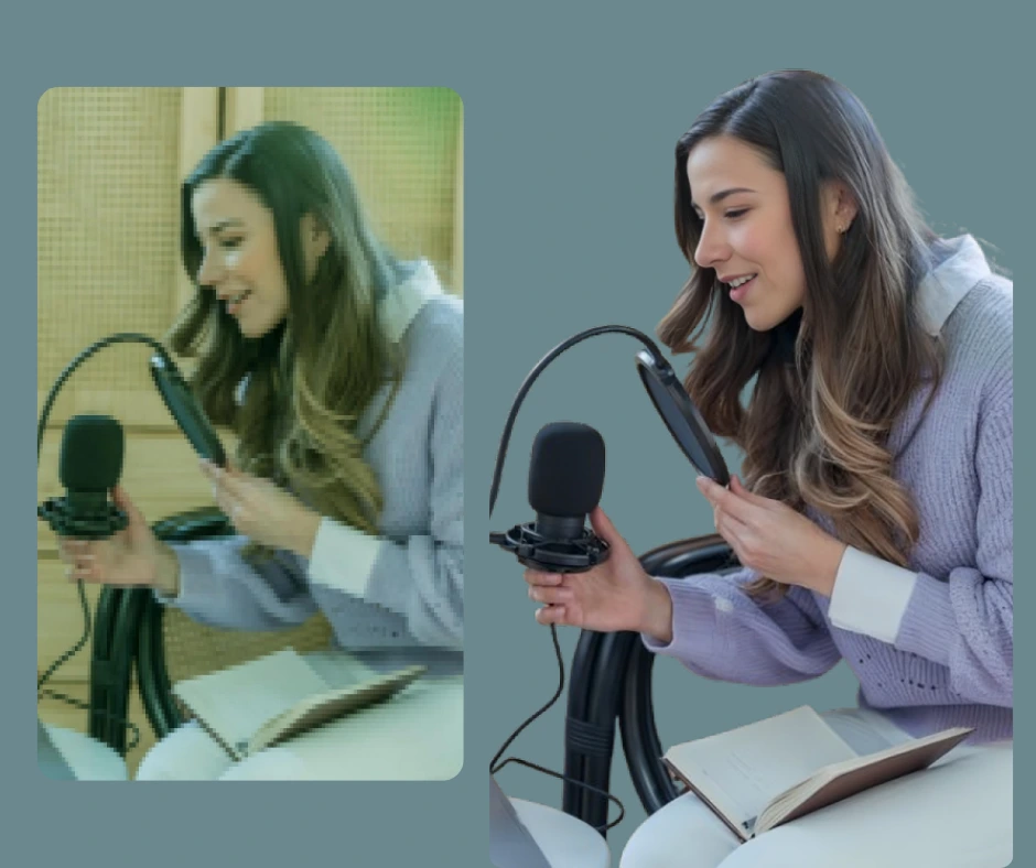 Immagine di confronto affiancata di una giovane donna con i capelli mossi, la prima immagine è sfocata e pixelata e l'immagine successiva è su sfondo trasparente e un'immagine nitida e migliorata della stessa donna