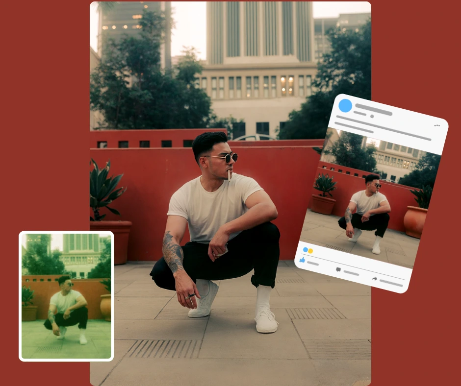 Utilizzo di un preset di social media su un'immagine di un uomo in maglietta bianca e occhiali da sole, migliorata utilizzando il pixelizzatore del viso dello studio PiktID