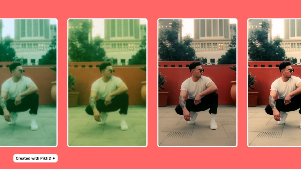 Sequenza di immagini di un giovane uomo che indossa una maglietta bianca e jeans neri, che passa da un'immagine pixelata di bassa qualità a una versione nitida e dettagliata, ottenuta utilizzando moderni strumenti di miglioramento basati sull'intelligenza artificiale.