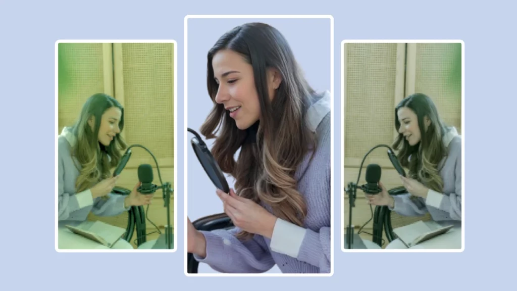 A sinistra e a destra, immagini sfocate di una giovane ragazza bruna con filtro sfocato e pixelato e al centro la stessa ragazza in una versione migliorata con uno sfondo trasparente