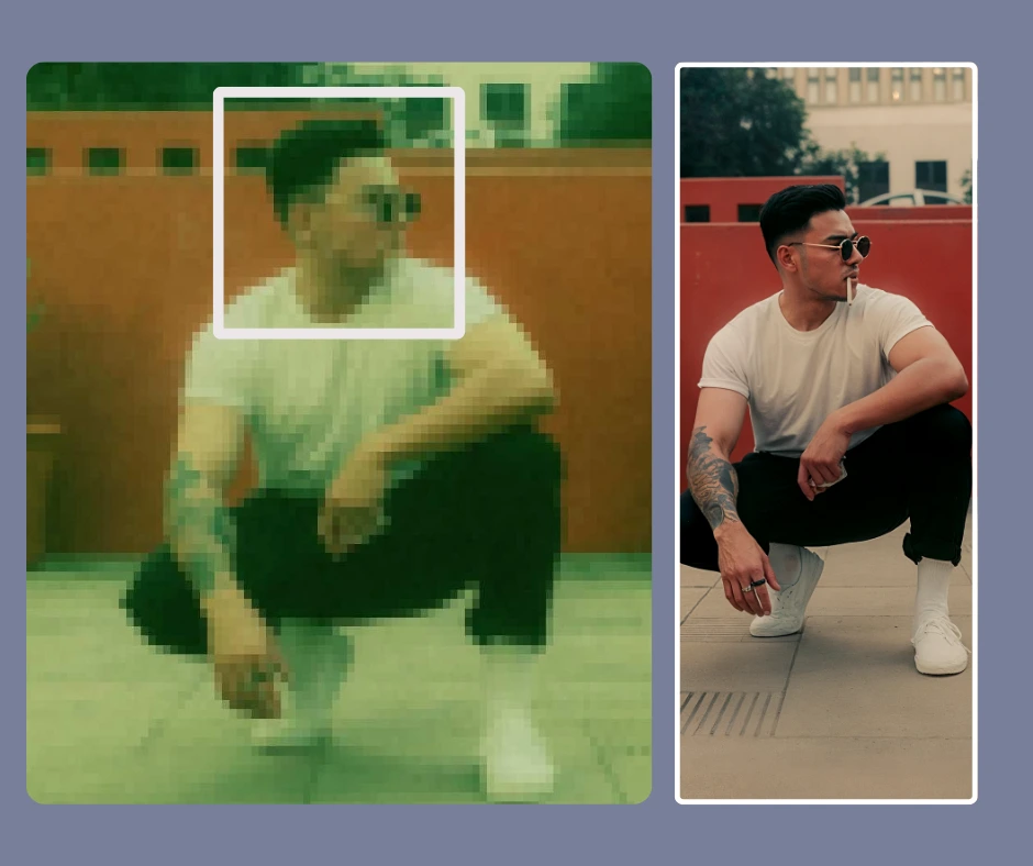 Immagine di confronto affiancata di un giovane con un tatuaggio sul braccio destro e occhiali da sole, a sinistra un'immagine molto sfocata e a destra un'immagine ingrandita dello stesso ragazzo